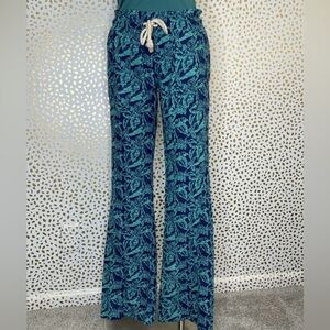 ROXY surf pants 🌊 teal blue print elastic tie waist long flowy linen straight SM